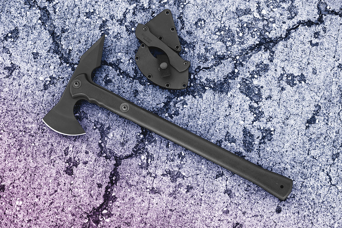 Cold Steel Trench Hawk with sheath on concrete