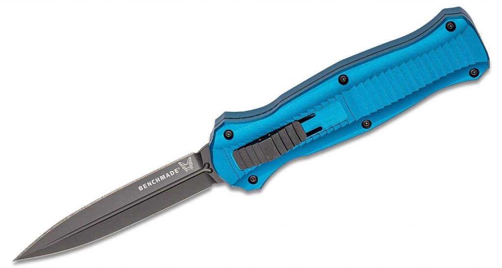 Benchmade Limited Edition Infidel, Blue Handles, Black Blade, open on a white background