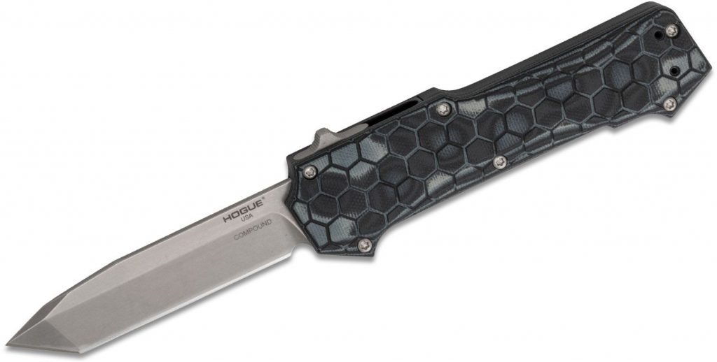Hogue Compound Auto, Tanto blade open on a white background