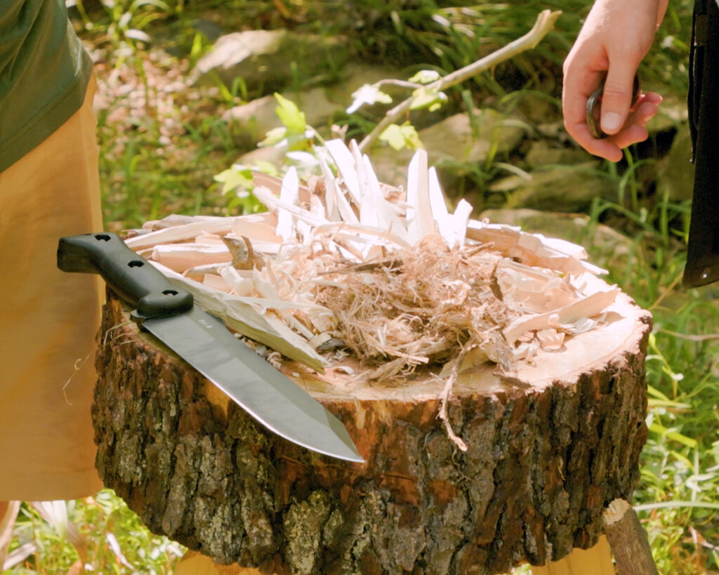 Firemaking materials arranged on a tree stump