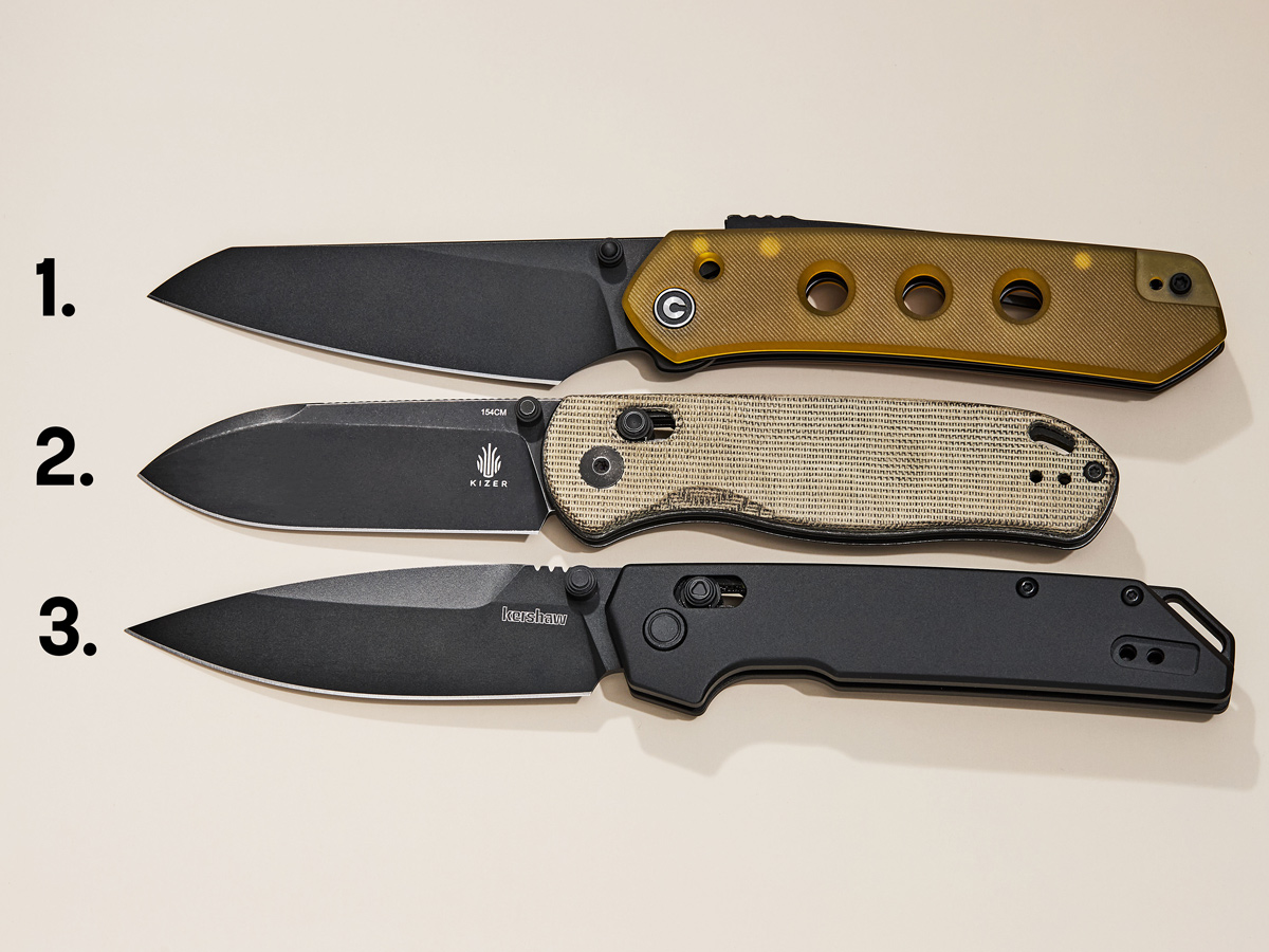 three knives open, numbered 1 through 3