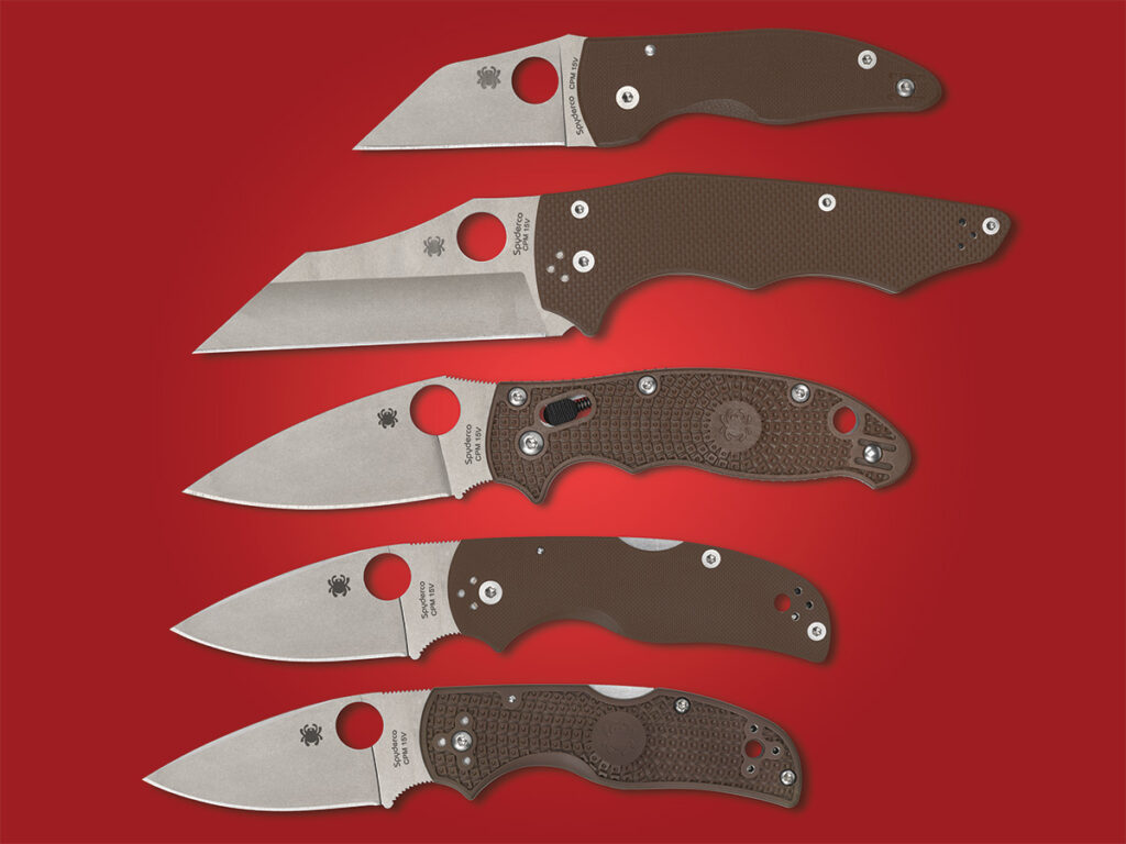 Several Spyderco 15V Sprint Run knives open on red background