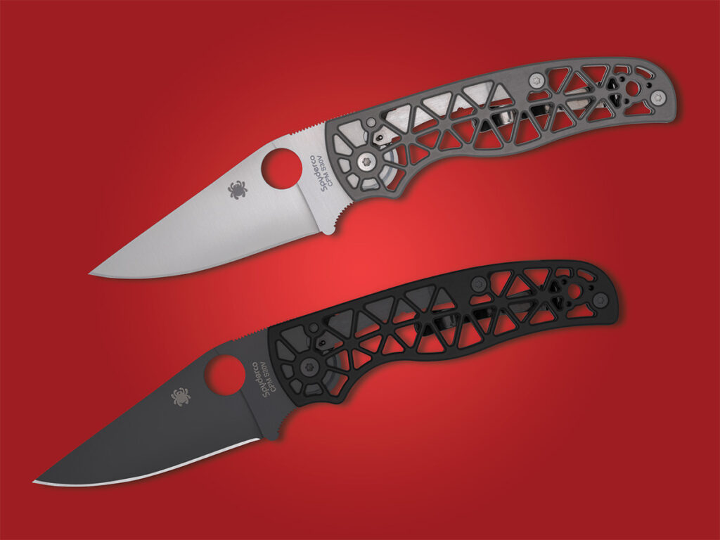 Spyderco Edgerati folding knives open on red background