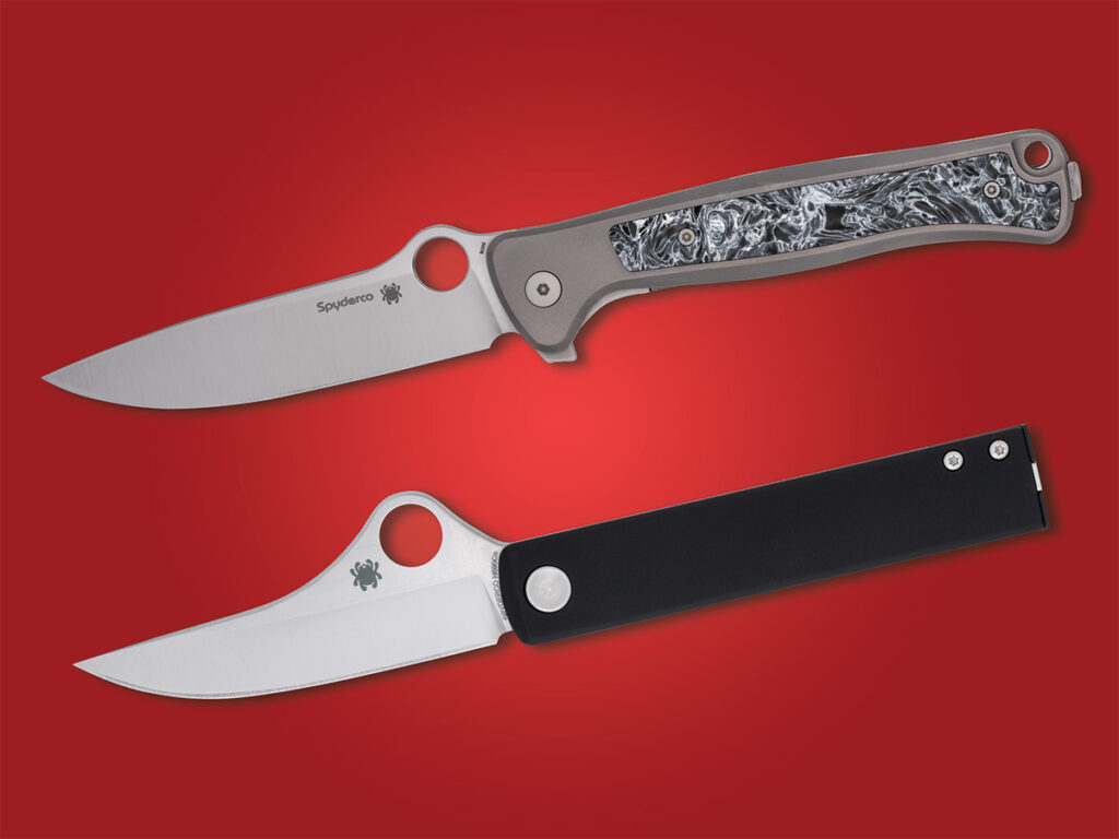 Spyderco Slym and Essenza folding knives open on red background