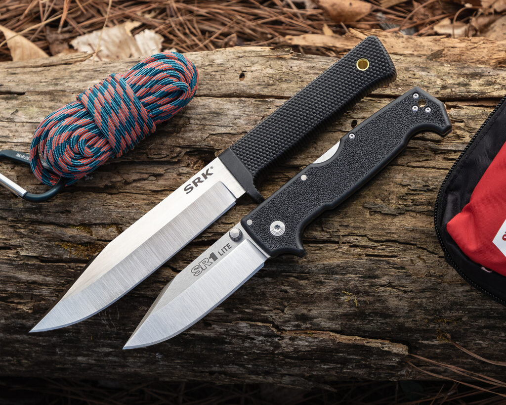 Cold Steel SRK and SR1 Lite knives on a log